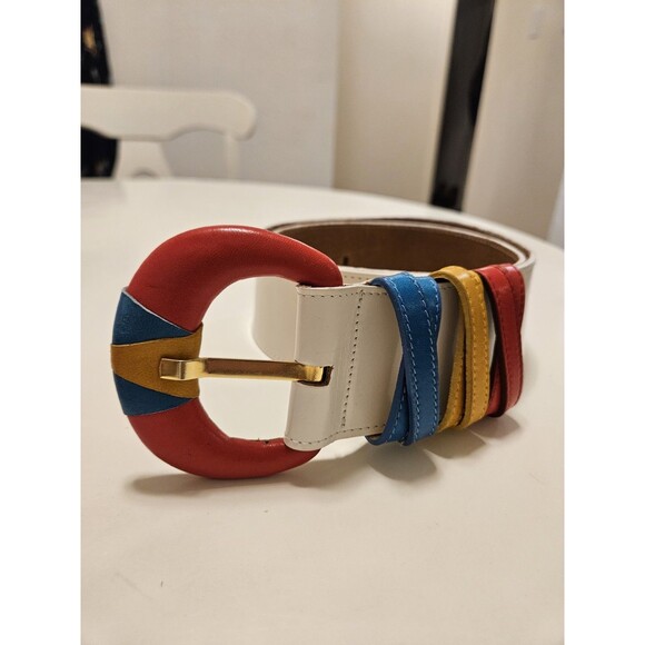 Vintage 80s Colorblock Leather Statement Belt, Wide Waist, Memphis Style White main image 5